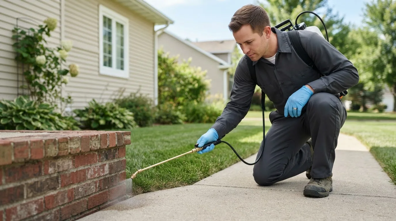 Pest control technician treating a home near Ruso, ND