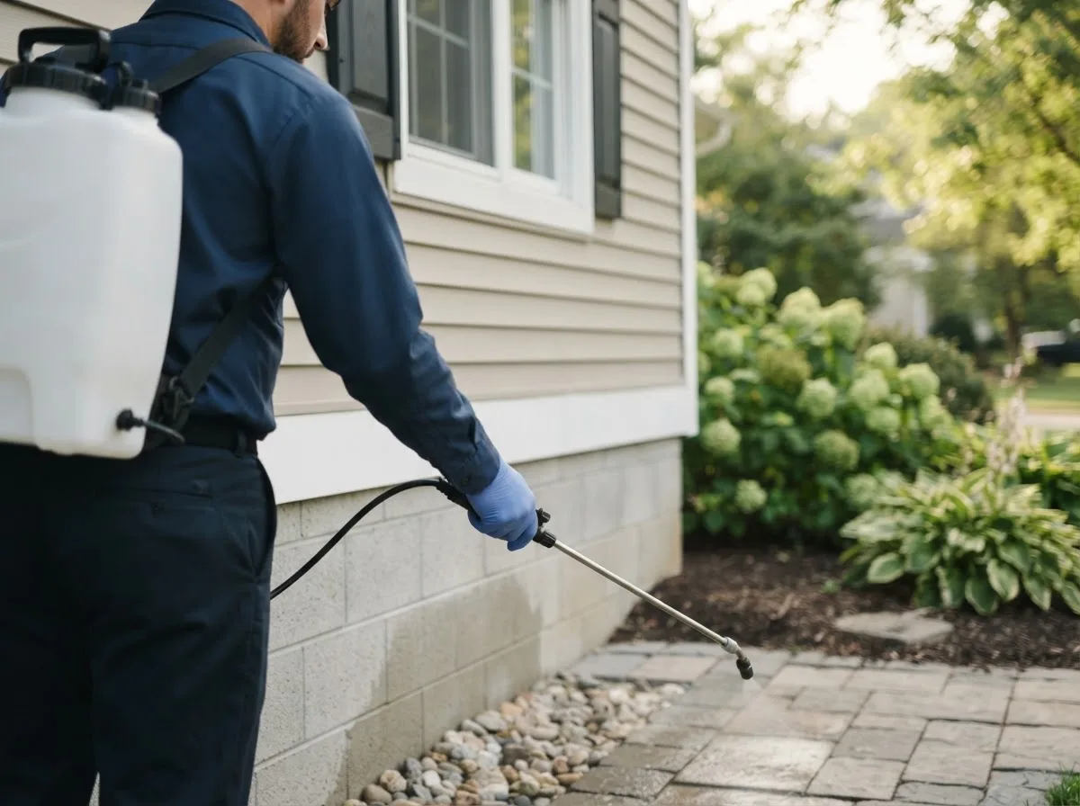 Pest control technician inspecting a home in Ruso, ND